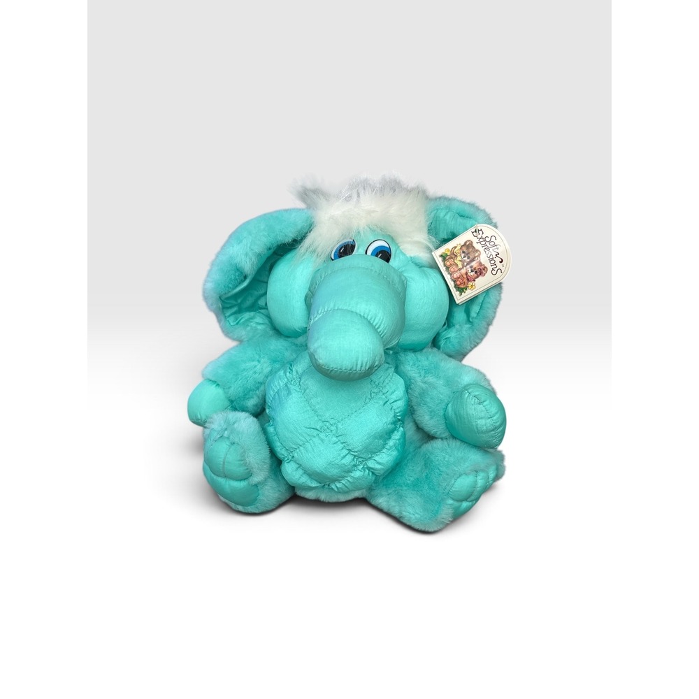 Vintage Dan Dee Soft Expressions Turquoise Elephant Plush Quilted Satin Teal 11"